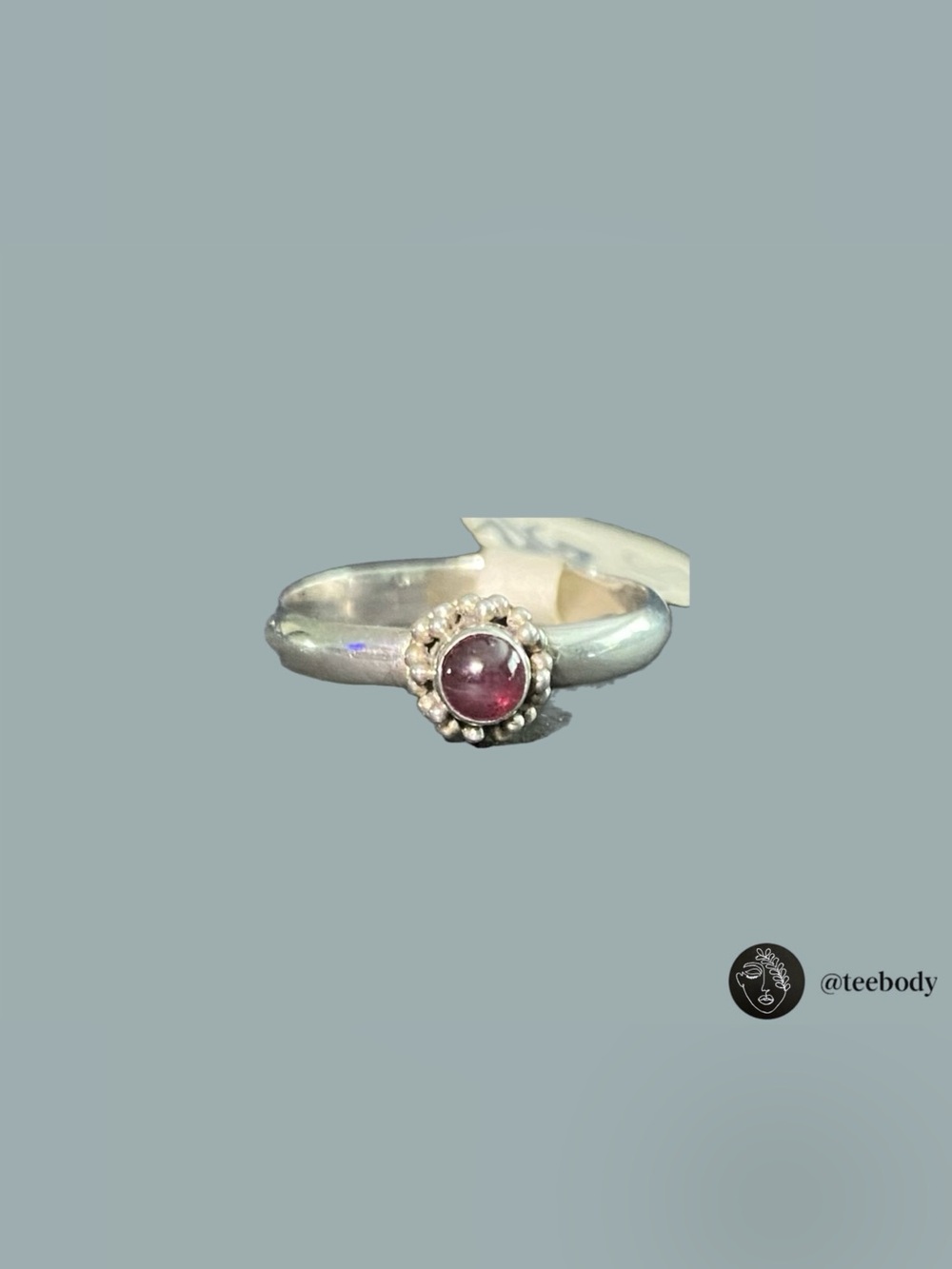 VTG NWT 925 Sterling Silver Garnet Cabochon Ring Beaded Bezel Early 2000s Y2K
